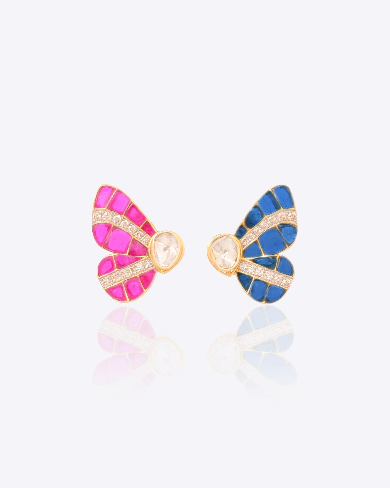 Winged Grace Earrings in 14K gold with Polki diamonds and enamel wing detailing.