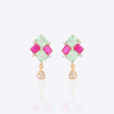 14K gold earrings with mint green and pink gemstones and a Polki drop