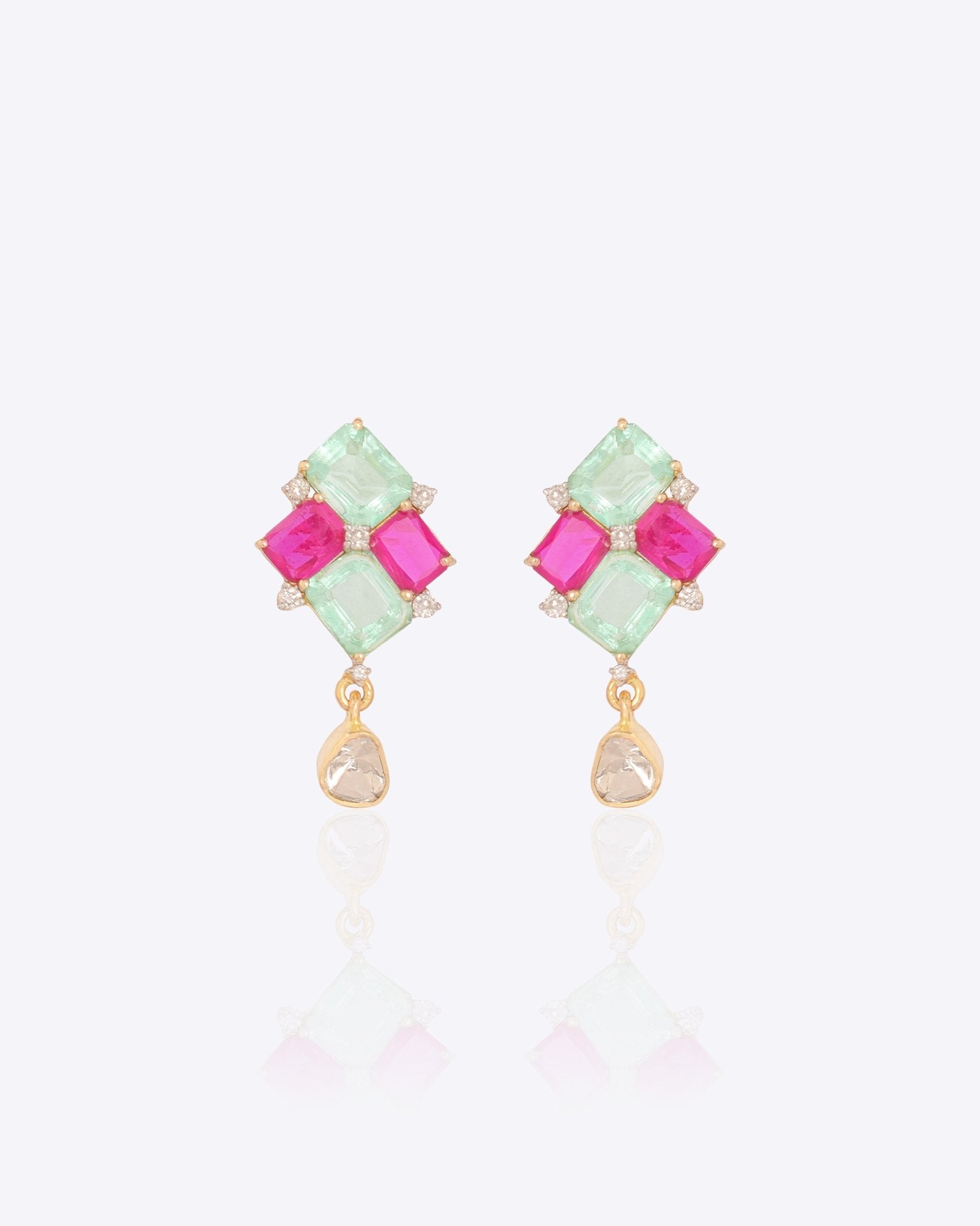 14K gold earrings with mint green and pink gemstones and a Polki drop