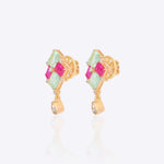 14K gold earrings with mint green and pink gemstones and a Polki drop