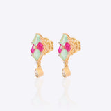 14K gold earrings with mint green and pink gemstones and a Polki drop