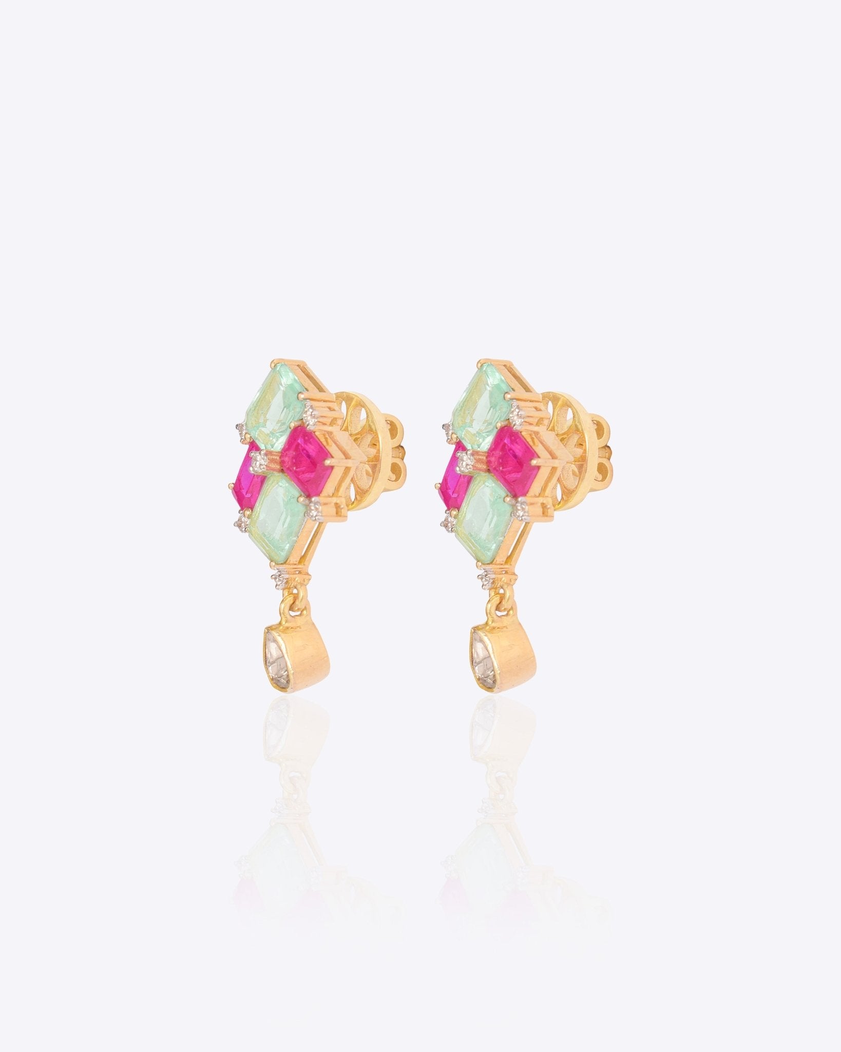 14K gold earrings with mint green and pink gemstones and a Polki drop