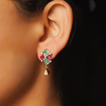 14K gold earrings with mint green and pink gemstones and a Polki drop