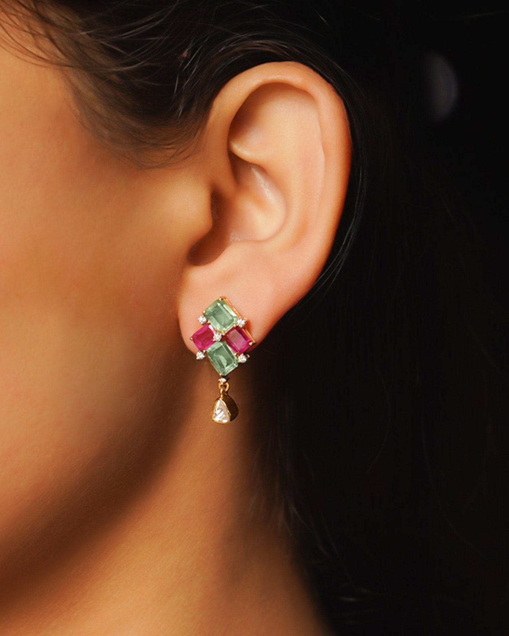 14K gold earrings with mint green and pink gemstones and a Polki drop