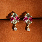 14K gold earrings with mint green and pink gemstones and a Polki drop