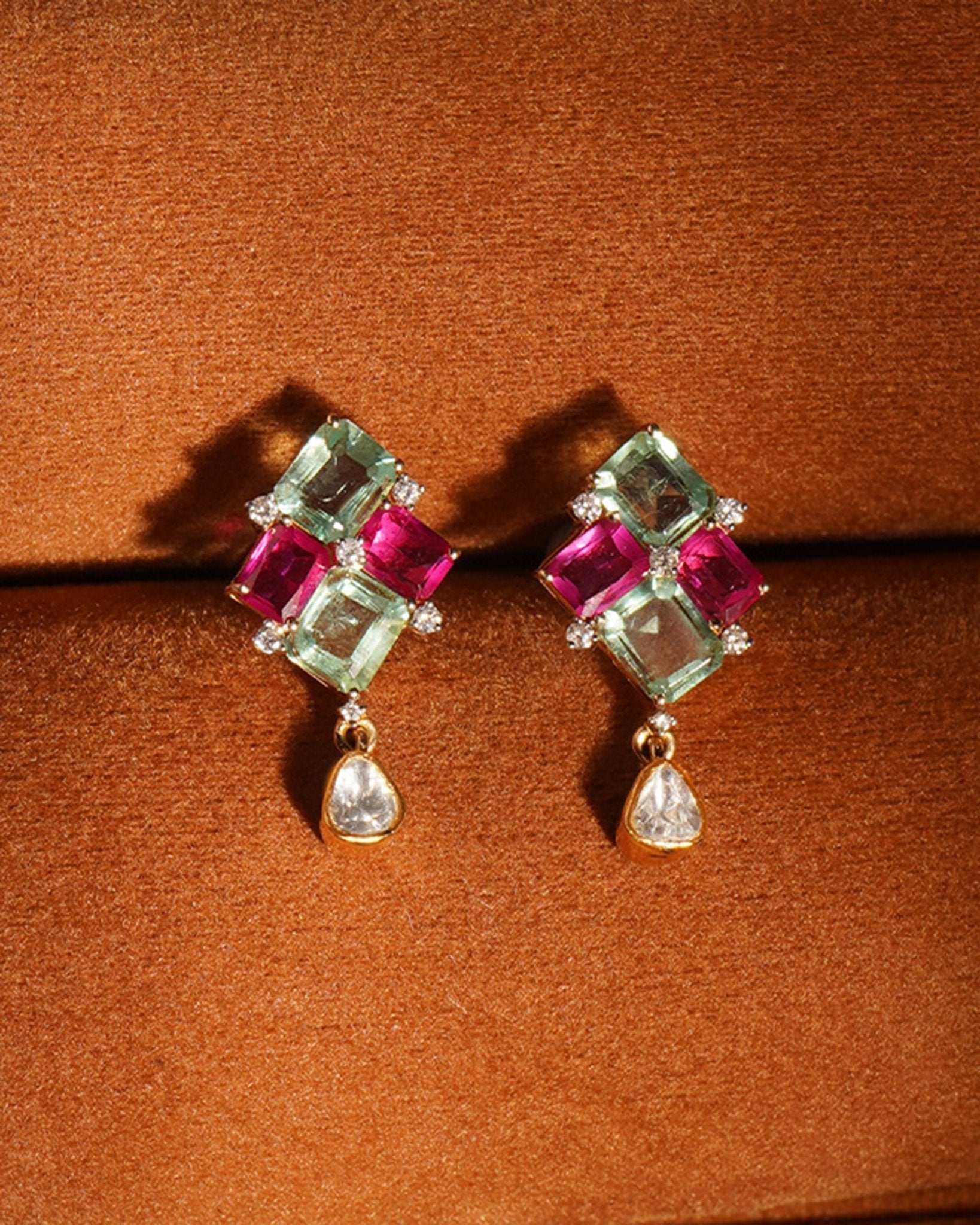 14K gold earrings with mint green and pink gemstones and a Polki drop