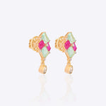 14K gold earrings with mint green and pink gemstones and a Polki drop