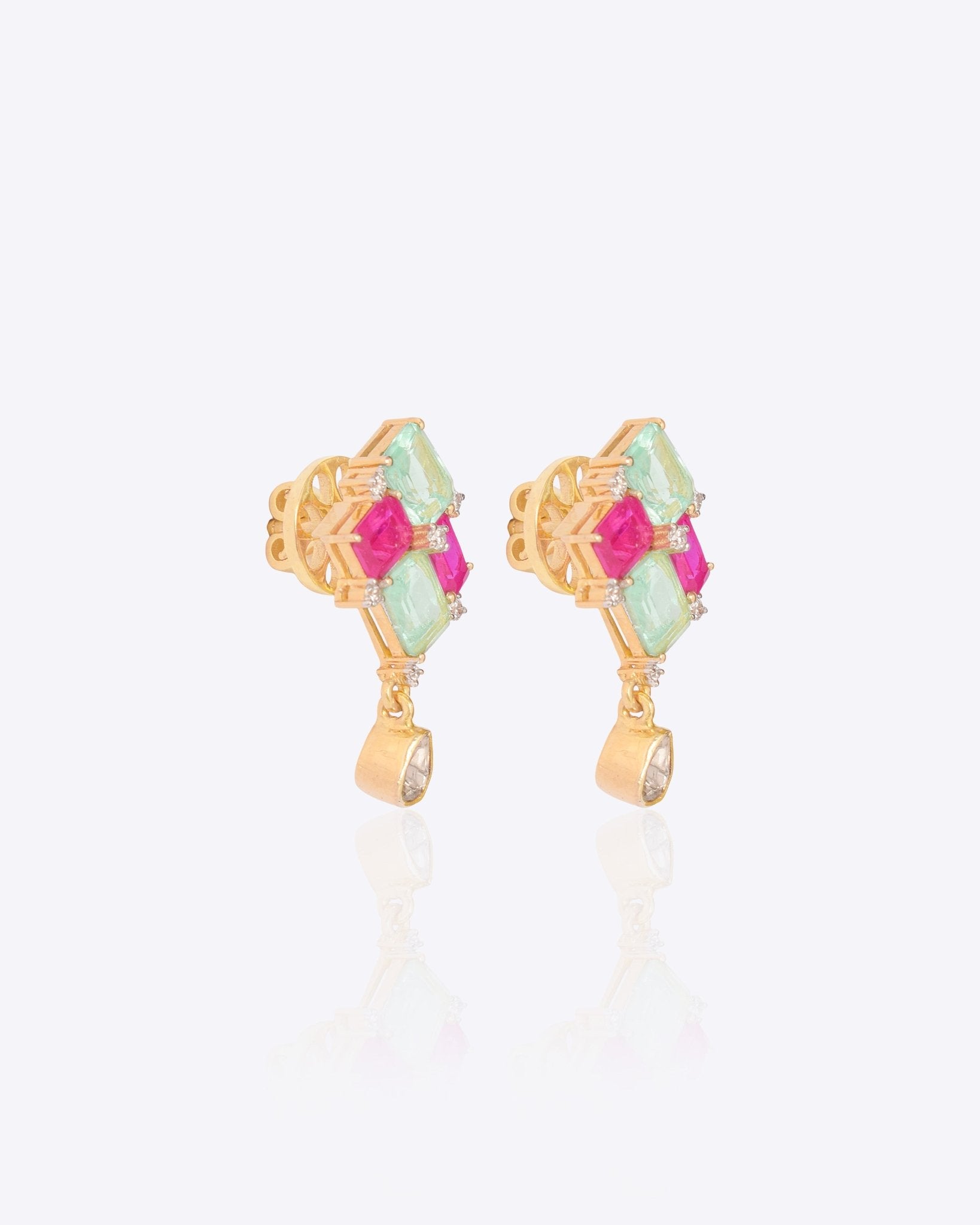 14K gold earrings with mint green and pink gemstones and a Polki drop
