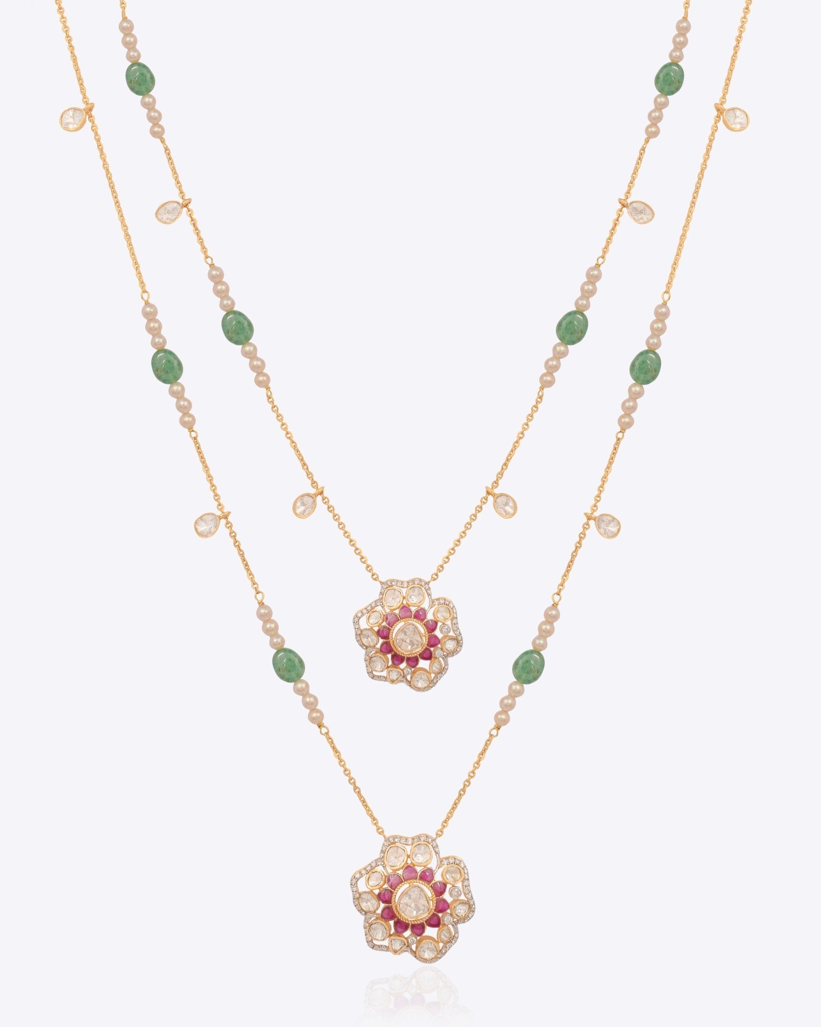 14K gold necklace with floral Polki pendants and emerald beads