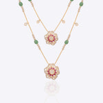 14K gold necklace with floral Polki pendants and emerald beads