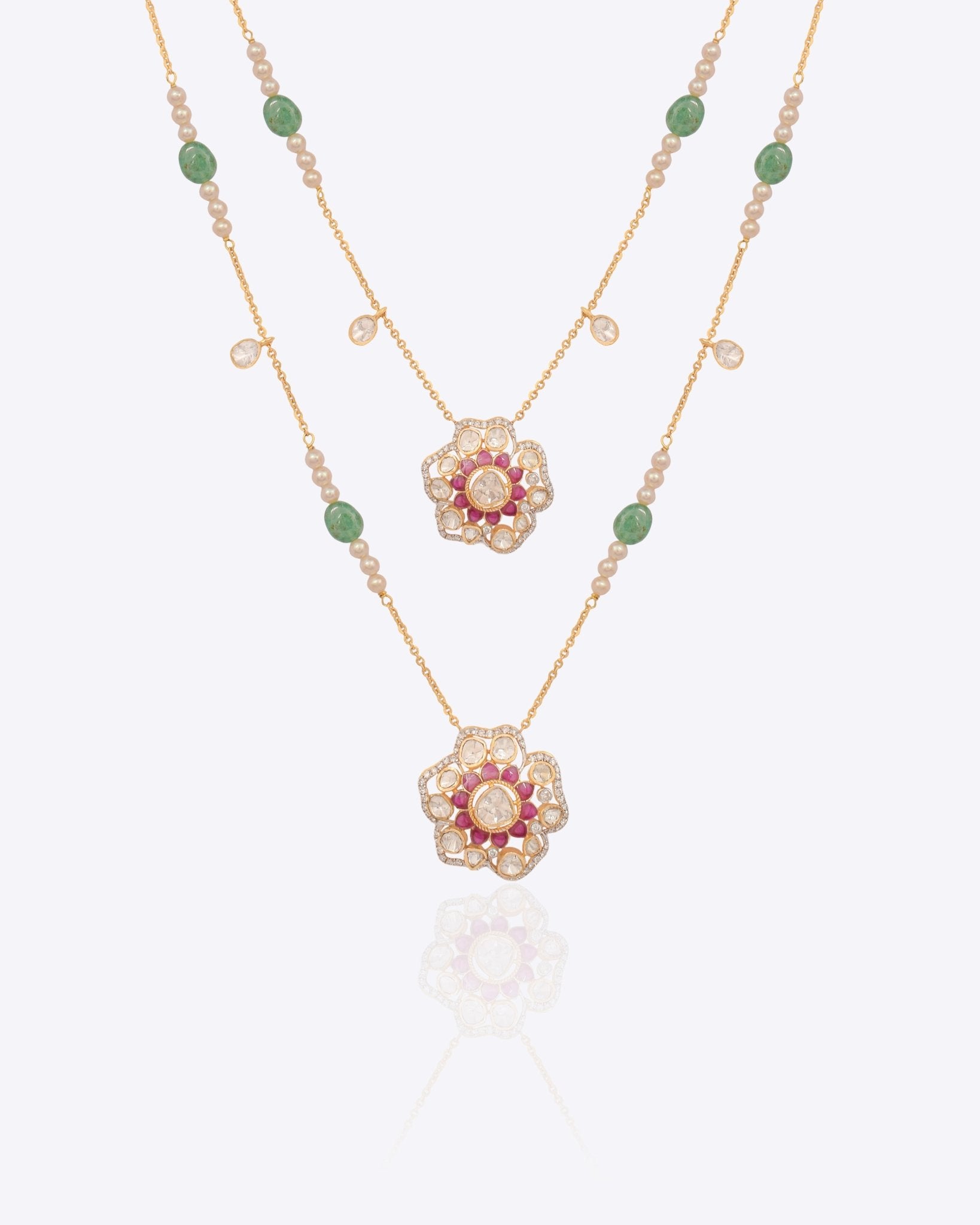 14K gold necklace with floral Polki pendants and emerald beads