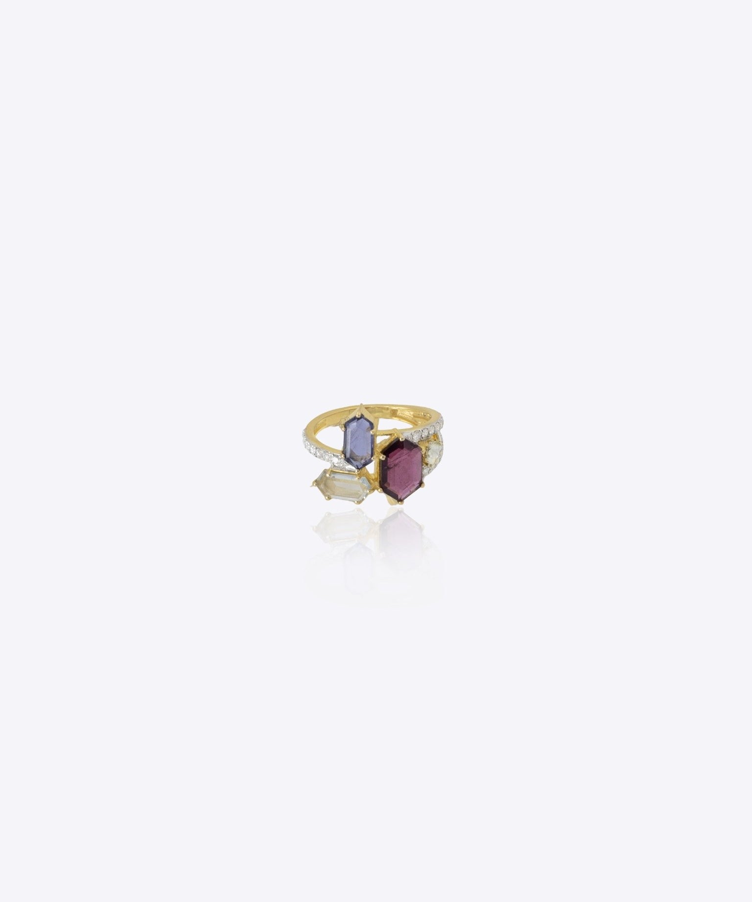 9k gold minimal hexagon ring with refined uncut diamond centerpiece