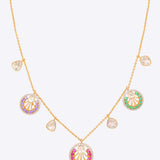 14K gold floral necklace with enamel medallions and Polki droplet accents.