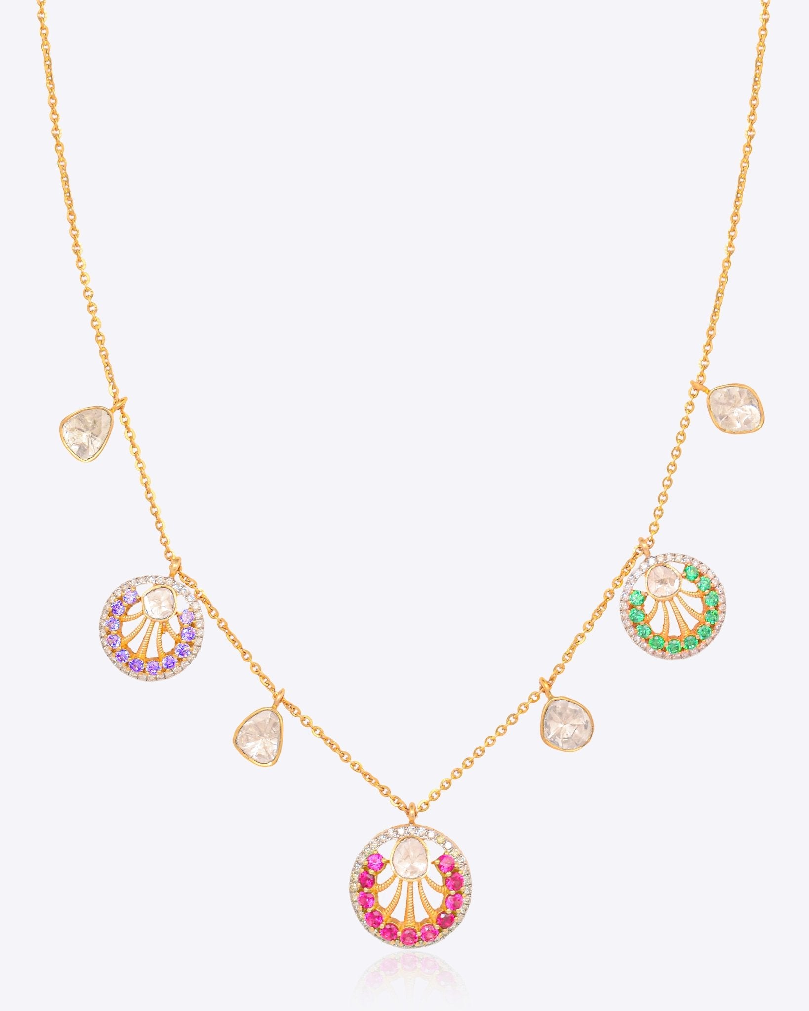 14K gold floral necklace with enamel medallions and Polki droplet accents.