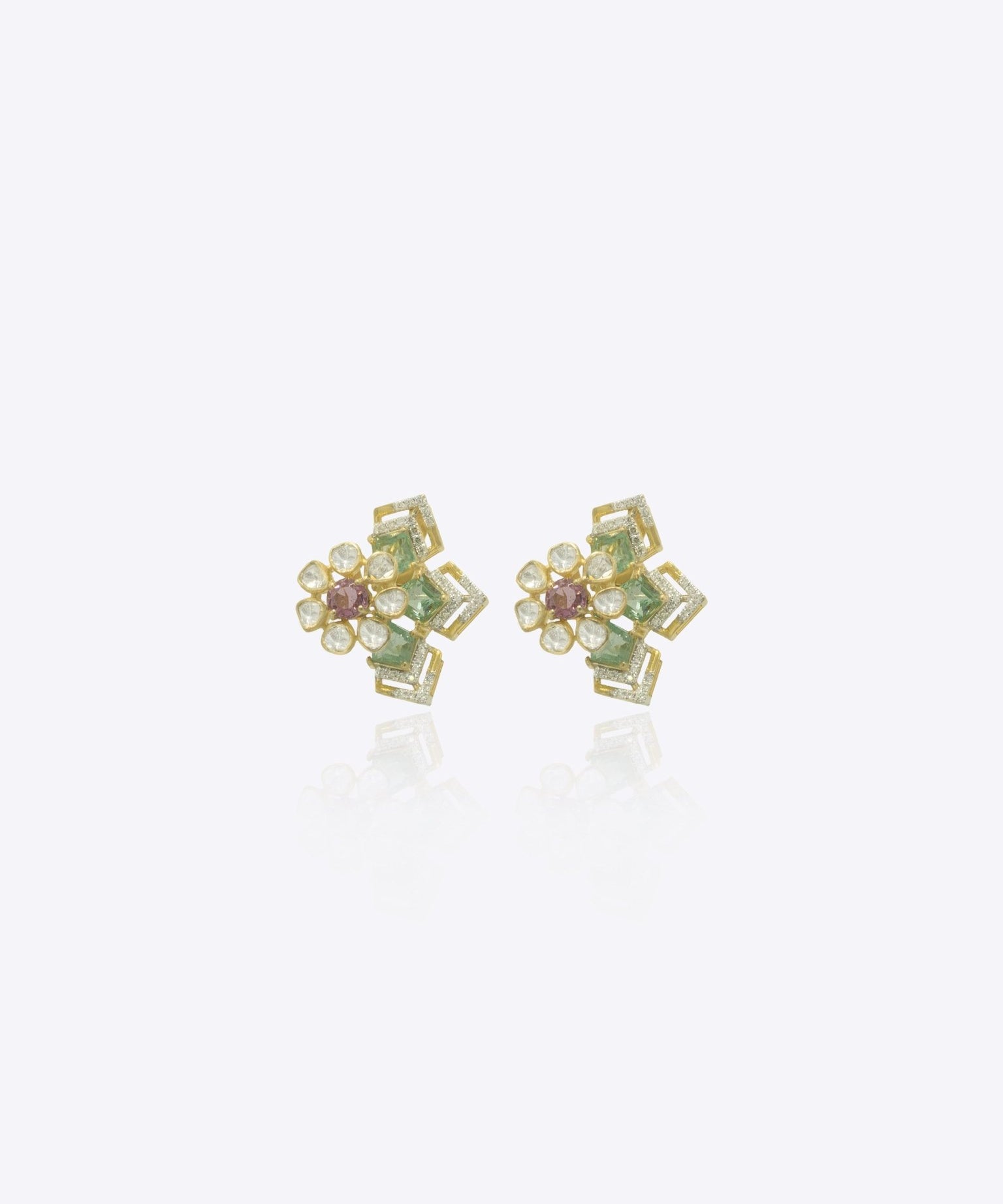 9k gold Verdant Blossom studs with pink center stone and Polki floral petals