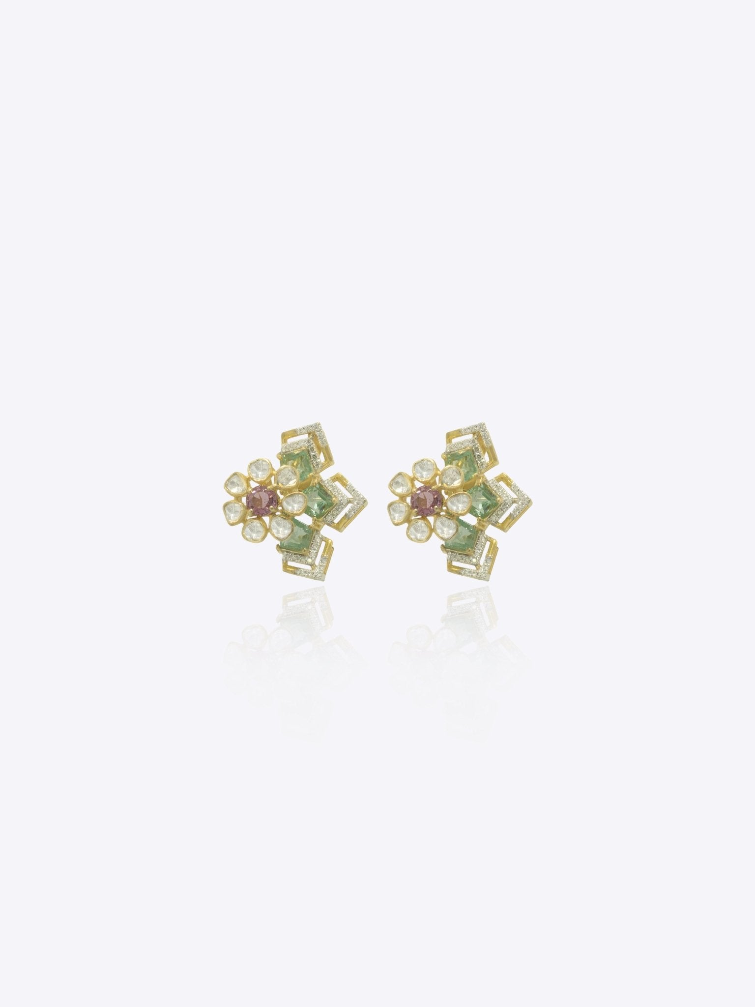9k gold Verdant Blossom studs with pink center stone and Polki floral petals