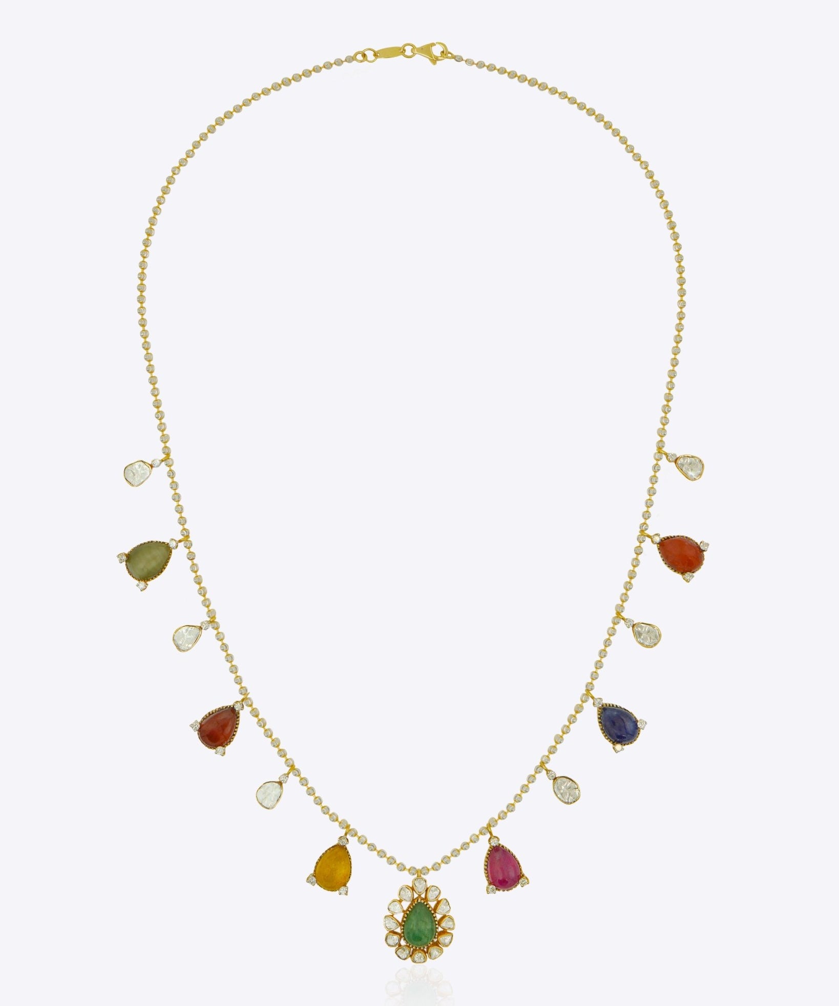 18k gold Navratna Grace necklace with colourful Navratna stones and drop detailing.