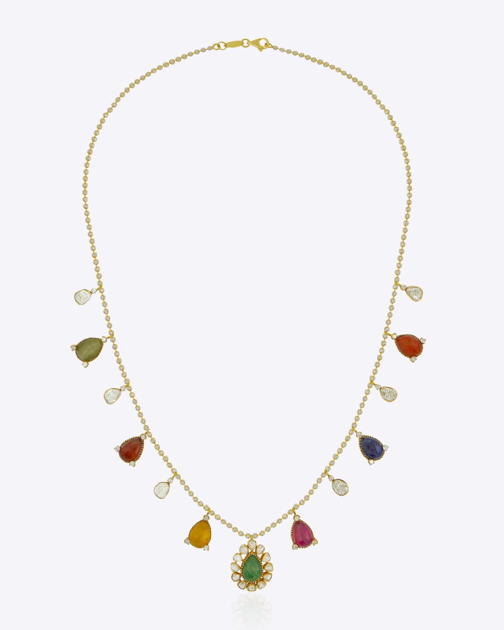 18k gold Navratna Grace necklace with colourful Navratna stones and drop detailing.