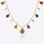 18k gold Navratna Grace necklace with colourful Navratna stones and drop detailing.