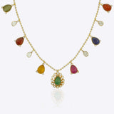 18k gold Navratna Grace necklace with colourful Navratna stones and drop detailing.