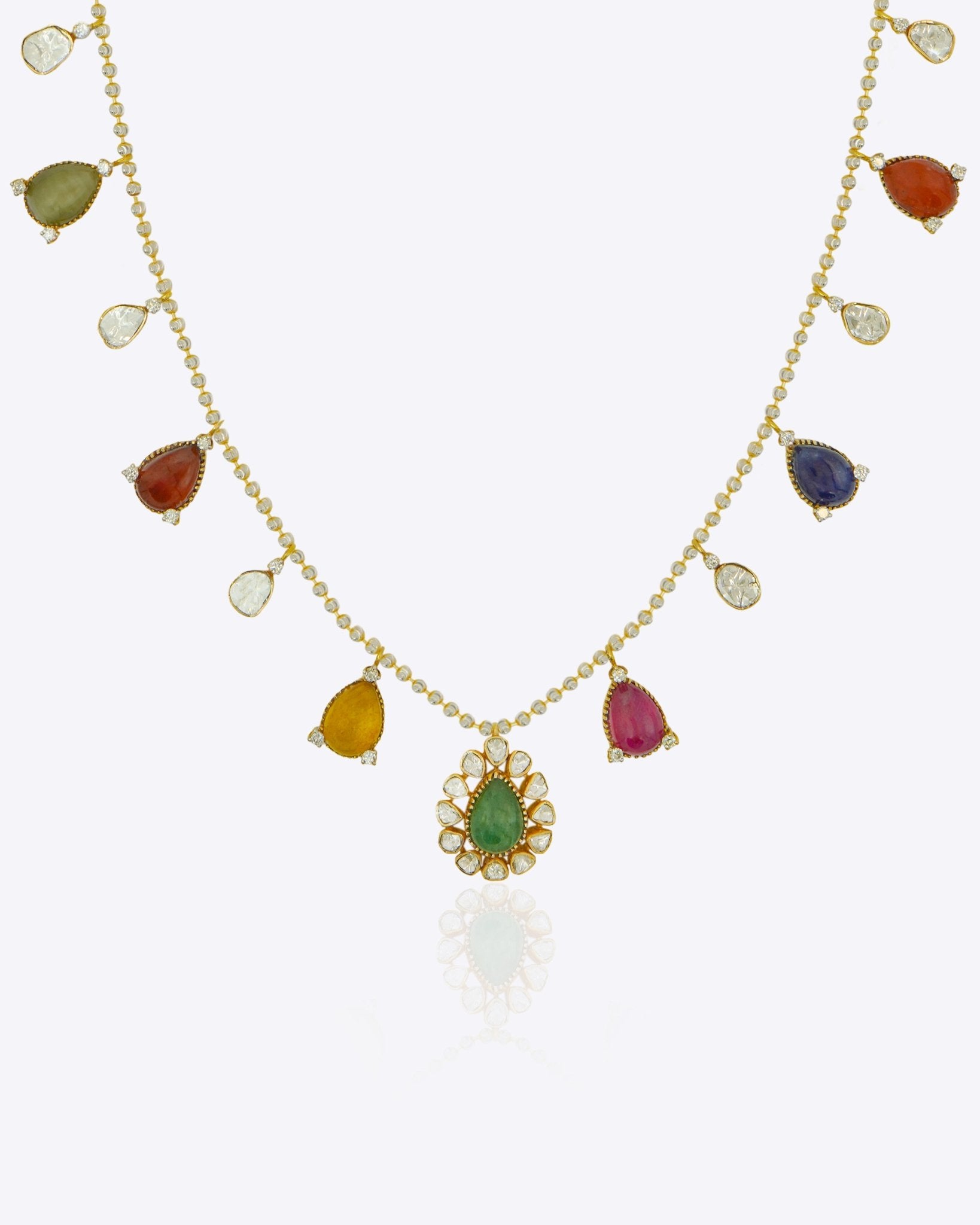 18k gold Navratna Grace necklace with colourful Navratna stones and drop detailing.