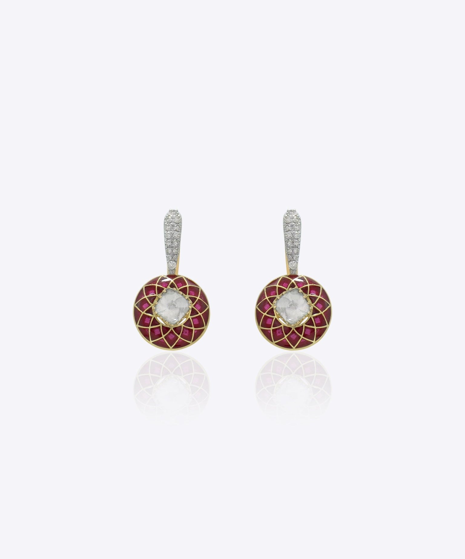 9K gold drop earrings with diamond paved hoops and round red enamel mosaic pendants.