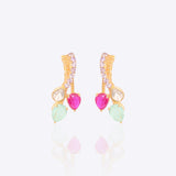 14k gold drop earrings with Polki and red, mint green gemstone accents