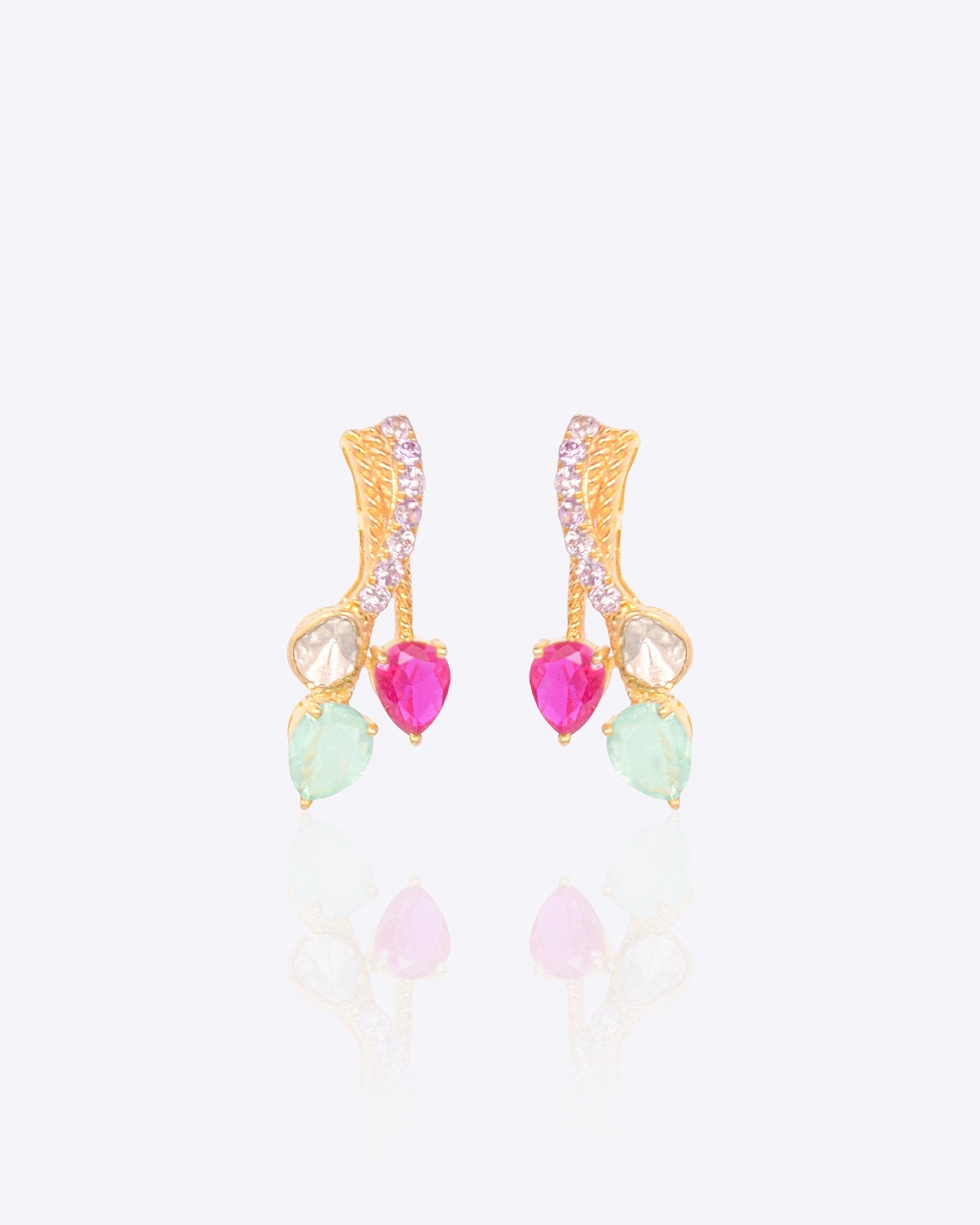 14k gold drop earrings with Polki and red, mint green gemstone accents