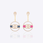 14k gold earrings with Polki diamonds and pink-blue enamel