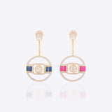 14k gold earrings with Polki diamonds and pink-blue enamel