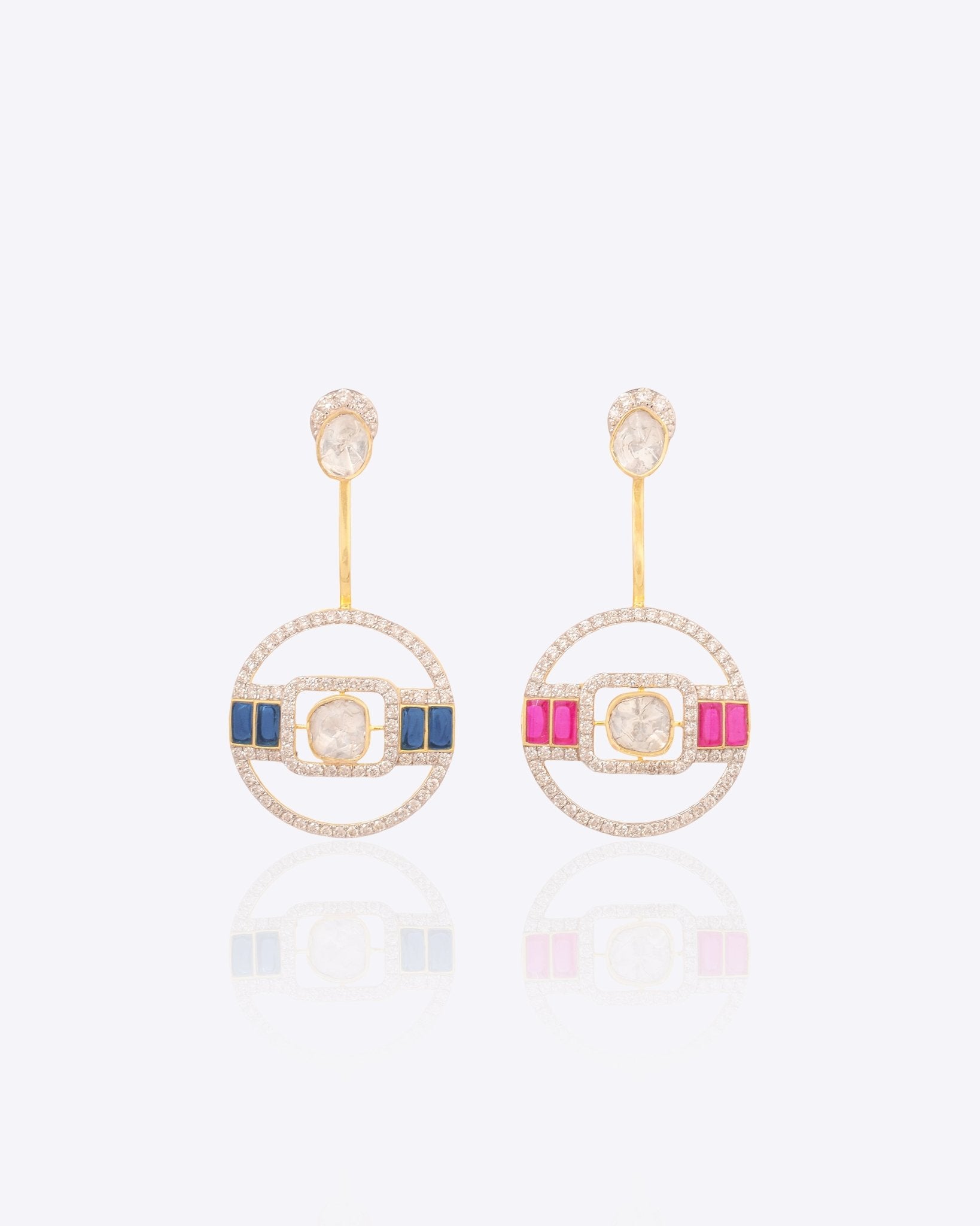 14k gold earrings with Polki diamonds and pink-blue enamel