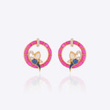 Scarlet Flight Stud Earrings in 14K gold with ruby circles and blue enamelling