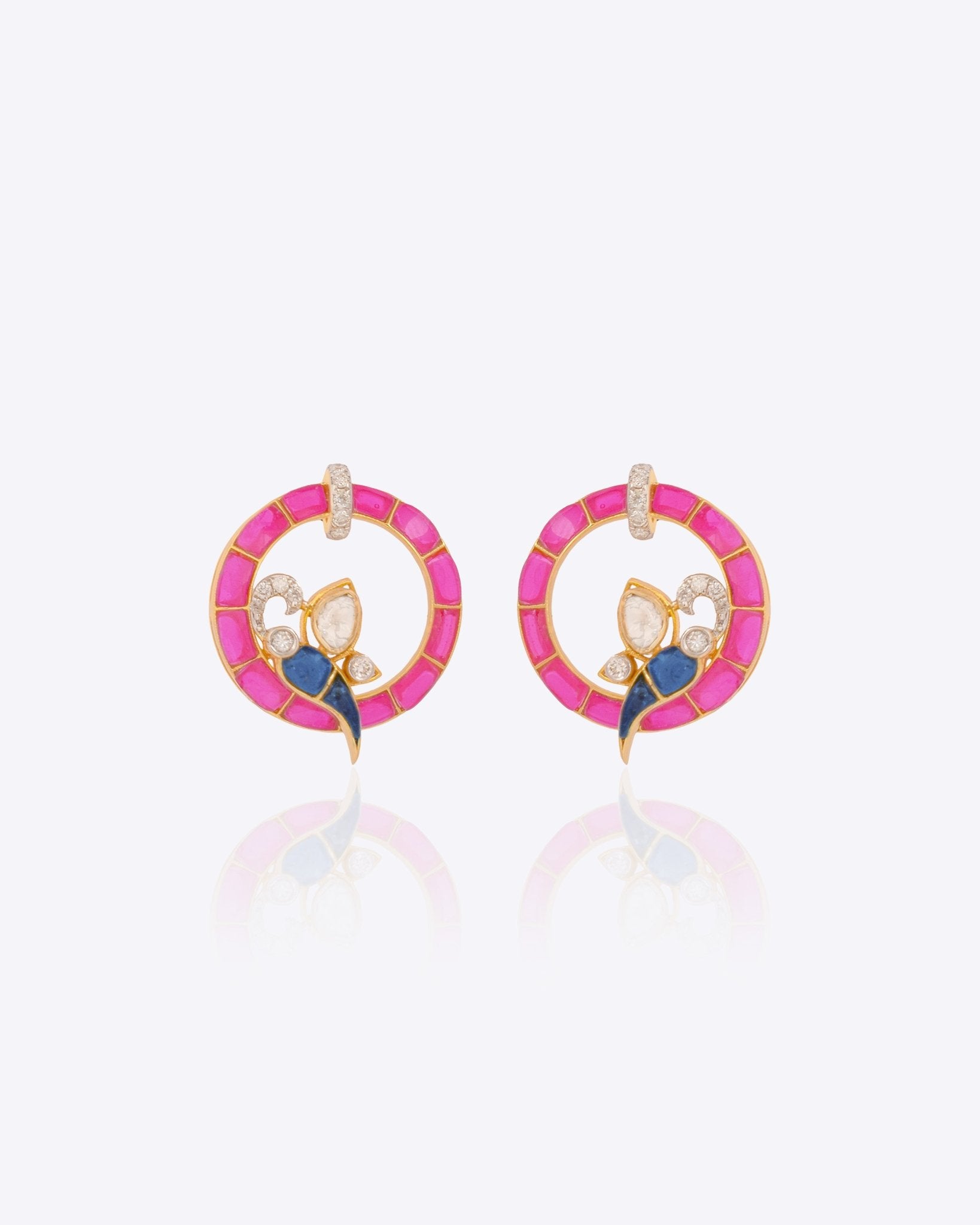 Scarlet Flight Stud Earrings in 14K gold with ruby circles and blue enamelling