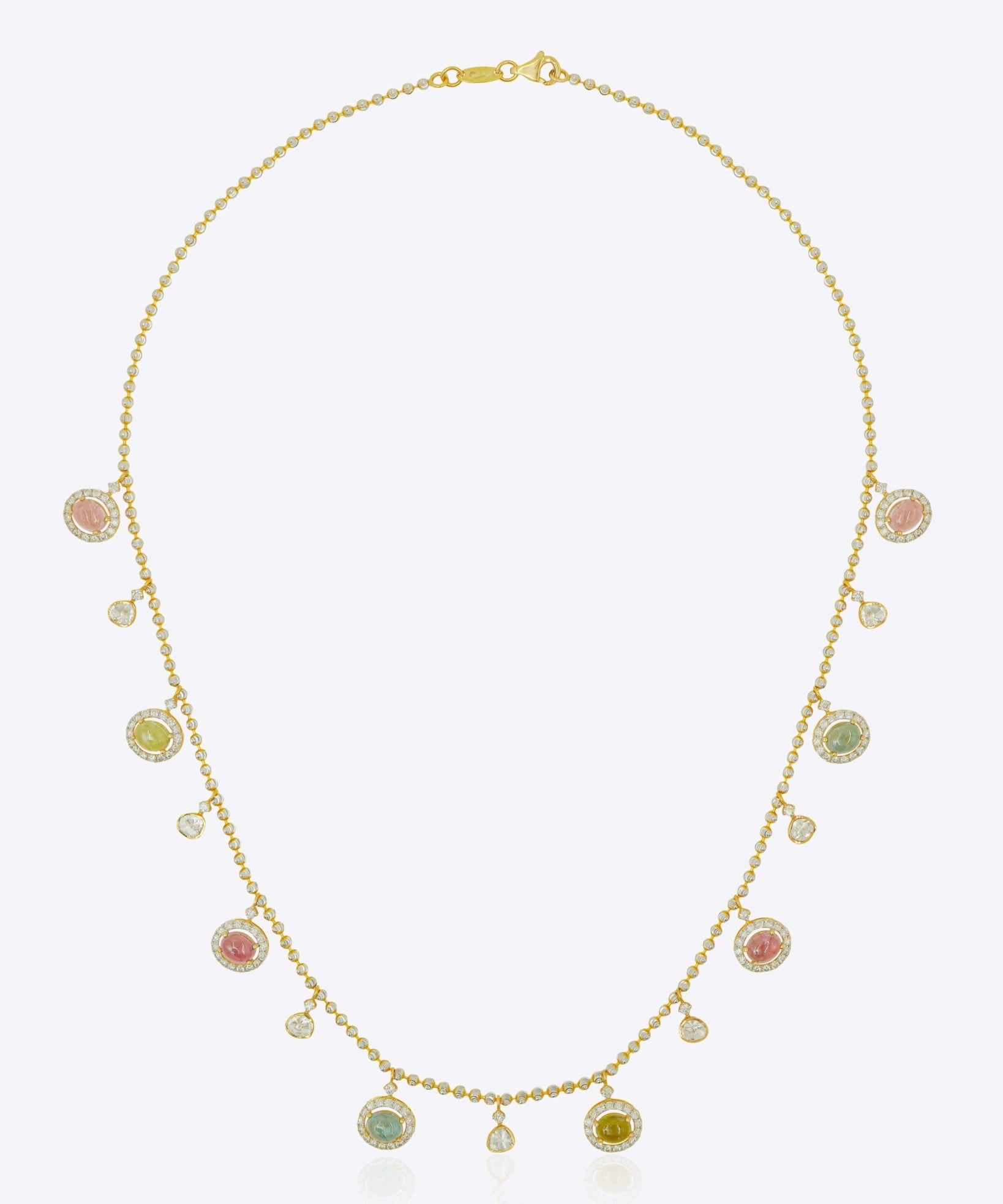 The Gemline Necklace in 18K gold with soft-toned tourmaline drops.