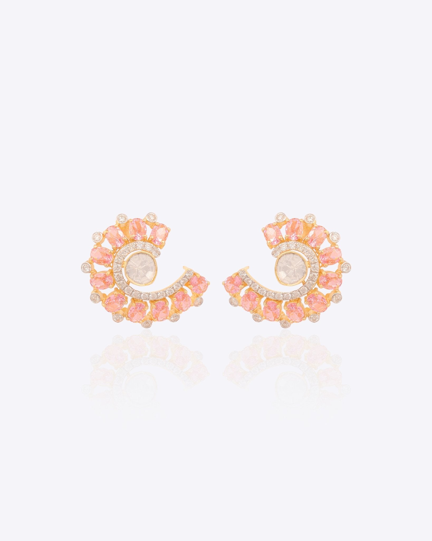14K gold curved stud earrings with blush gemstones and Polki diamonds.