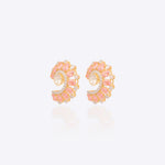 14K gold curved stud earrings with blush gemstones and Polki diamonds.