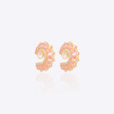 14K gold curved stud earrings with blush gemstones and Polki diamonds.