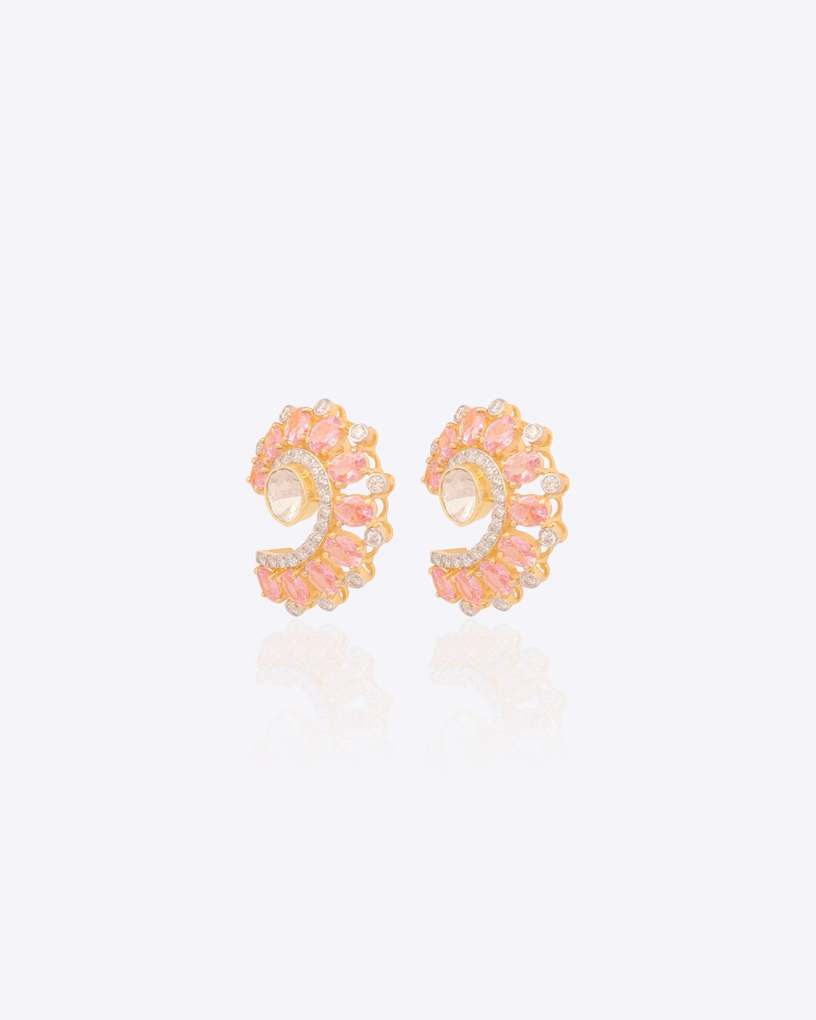 14K gold curved stud earrings with blush gemstones and Polki diamonds.