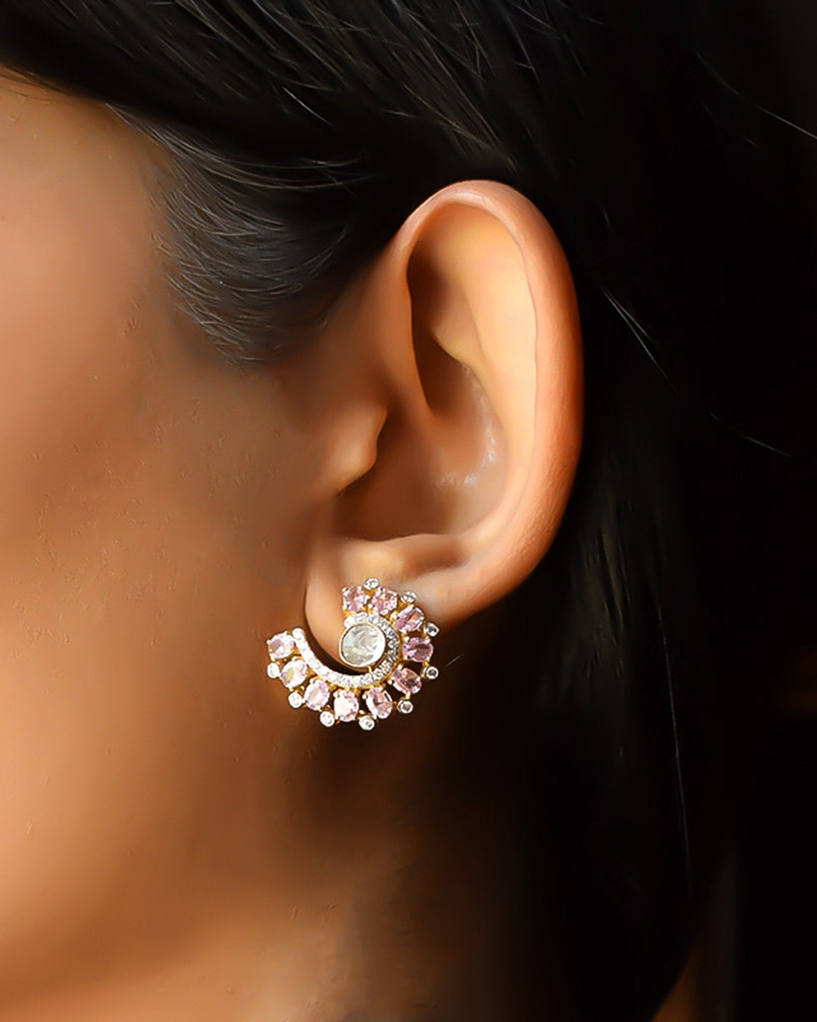 14K gold curved stud earrings with blush gemstones and Polki diamonds.