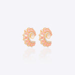 14K gold curved stud earrings with blush gemstones and Polki diamonds.