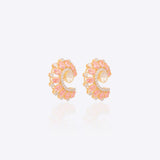 14K gold curved stud earrings with blush gemstones and Polki diamonds.