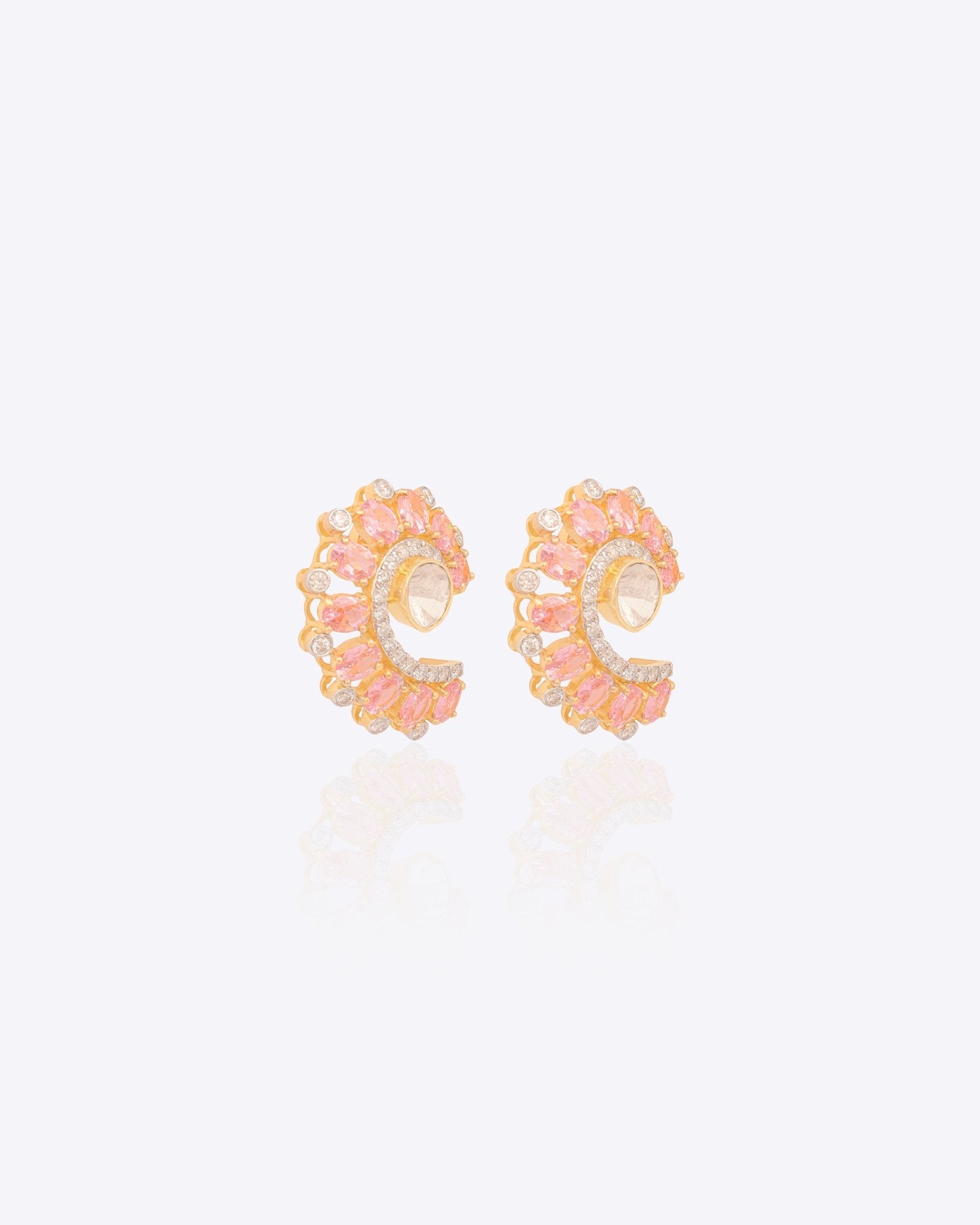 14K gold curved stud earrings with blush gemstones and Polki diamonds.