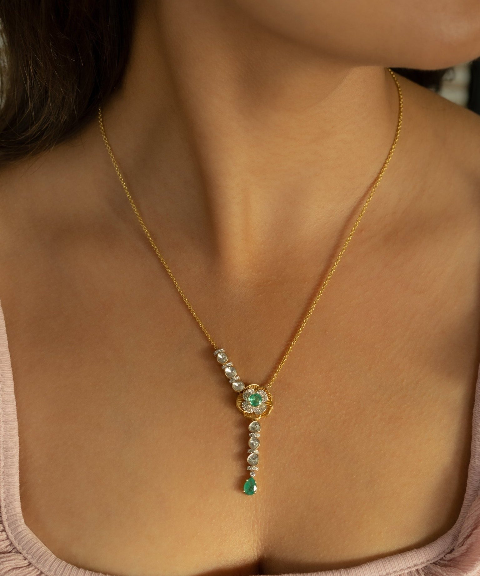 9k gold heirloom-inspired floral necklace with asymmetrical Polki detailing