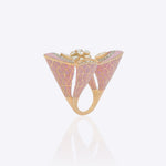 18K gold floral ring with Polki, diamonds, and blush pink enamel detailing.