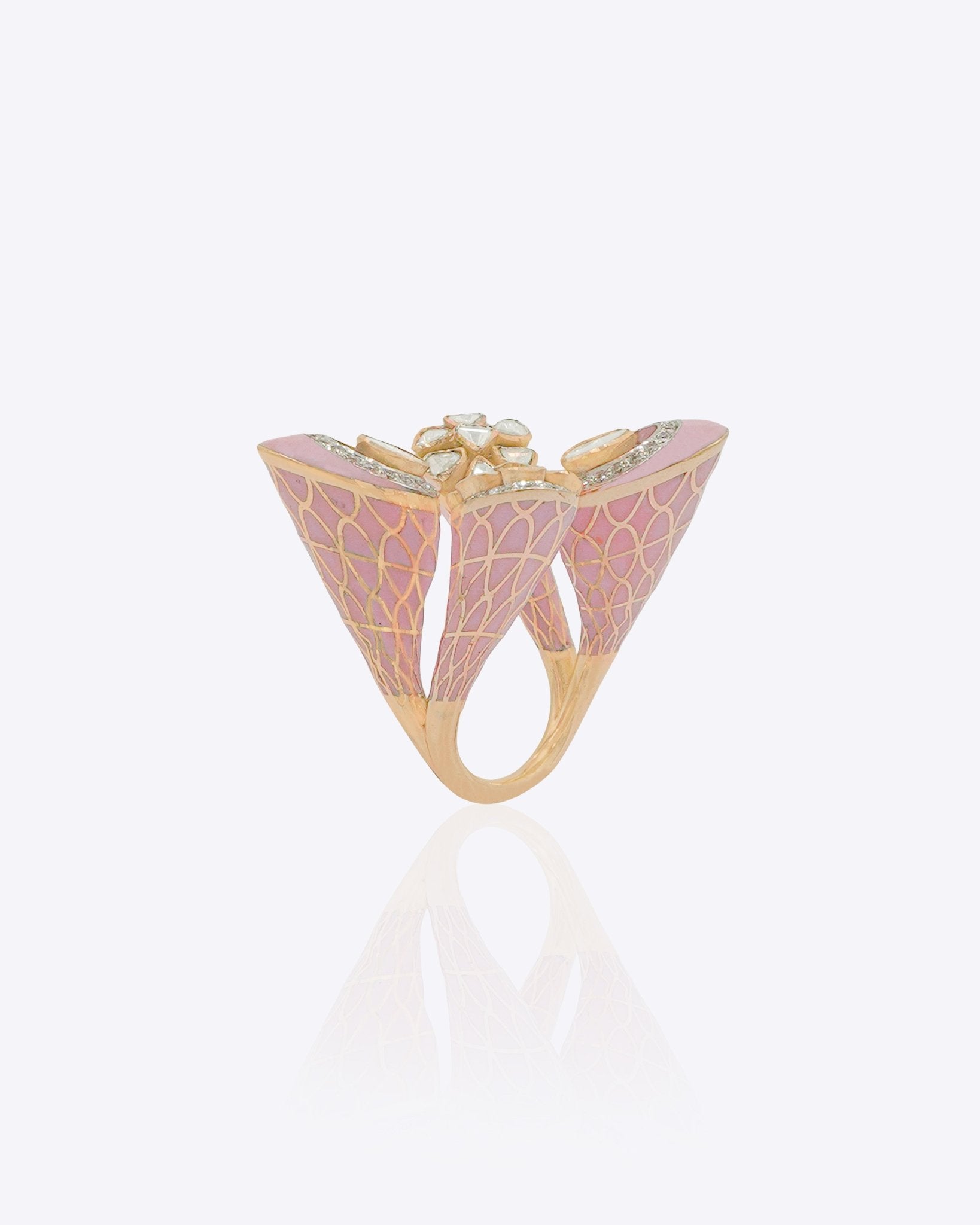 18K gold floral ring with Polki, diamonds, and blush pink enamel detailing.