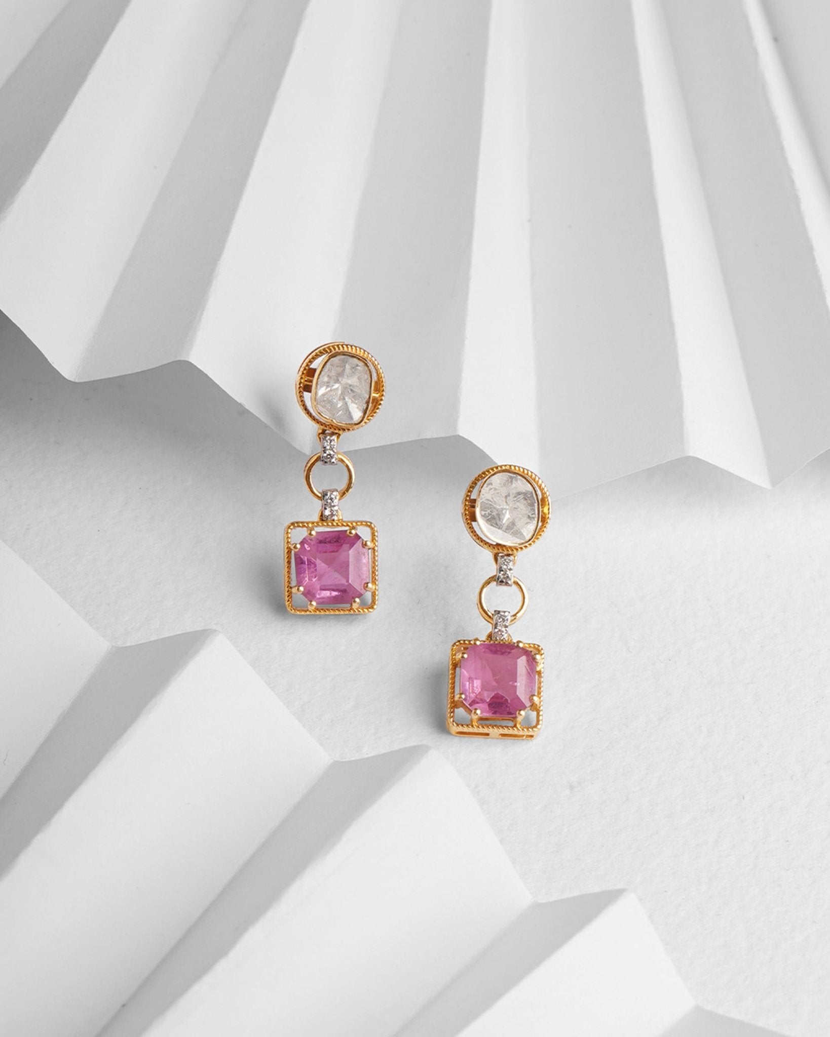14K gold Pink Precision Earrings with Polki diamonds and a pink gemstone drop.