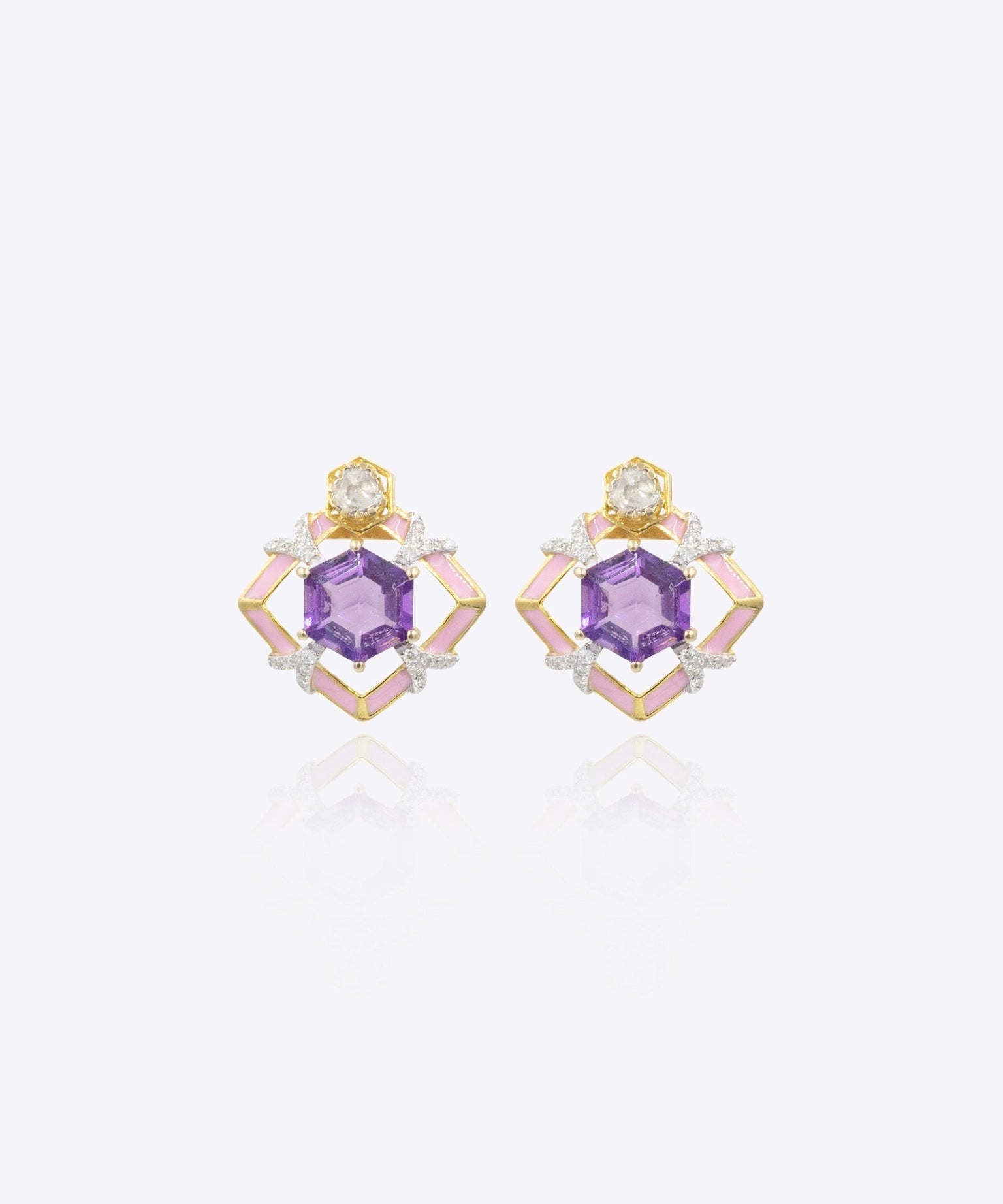 9k gold Orchid Halo earrings with soft curves and violet center stone
