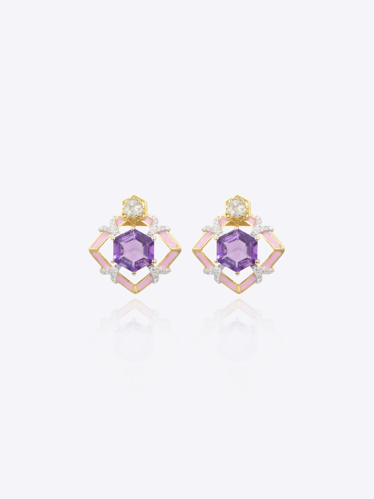 9k gold Orchid Halo earrings with soft curves and violet center stone