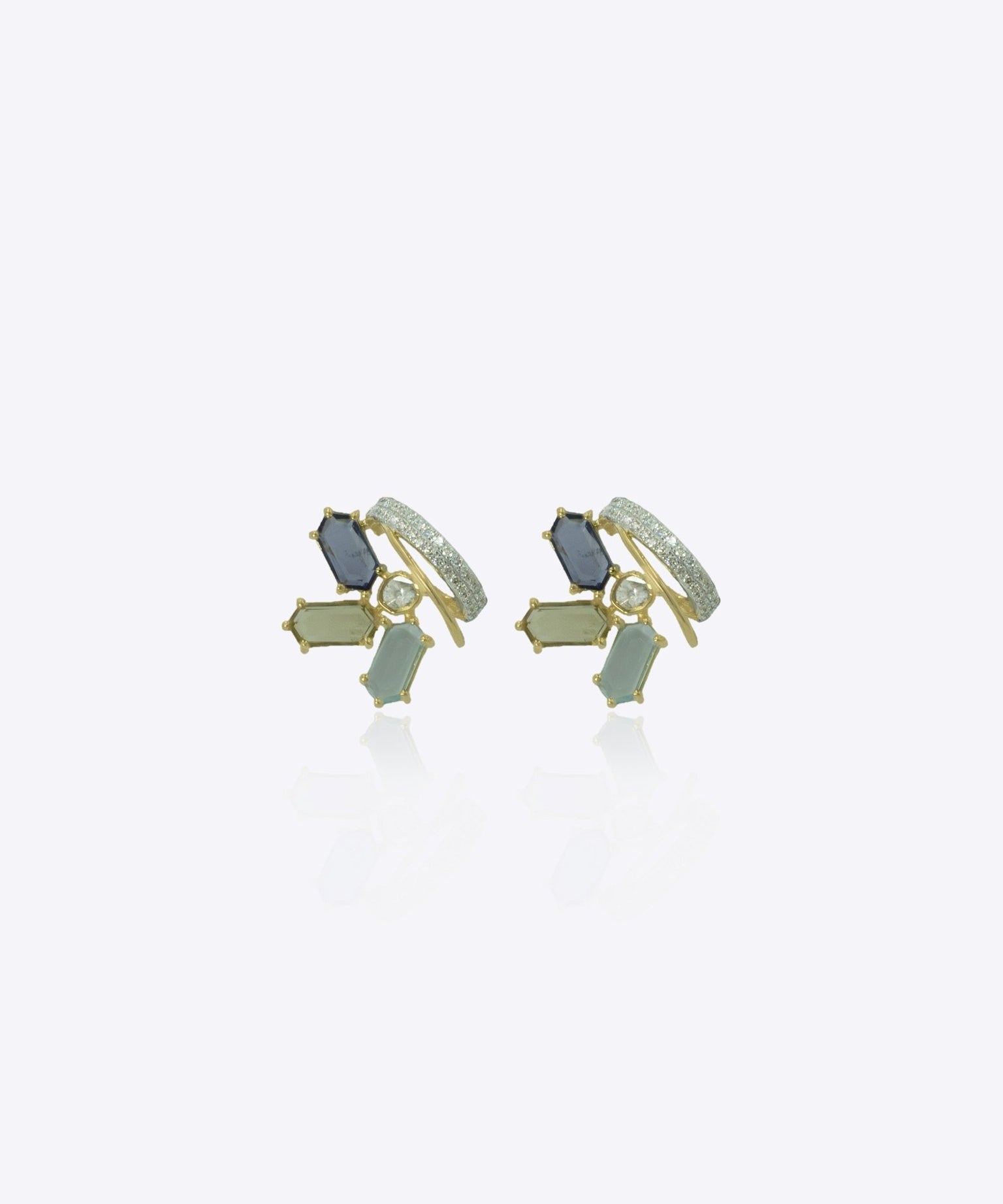 9k gold Twilight Mosaic studs with Polki cluster design and curved vertical diamond bar