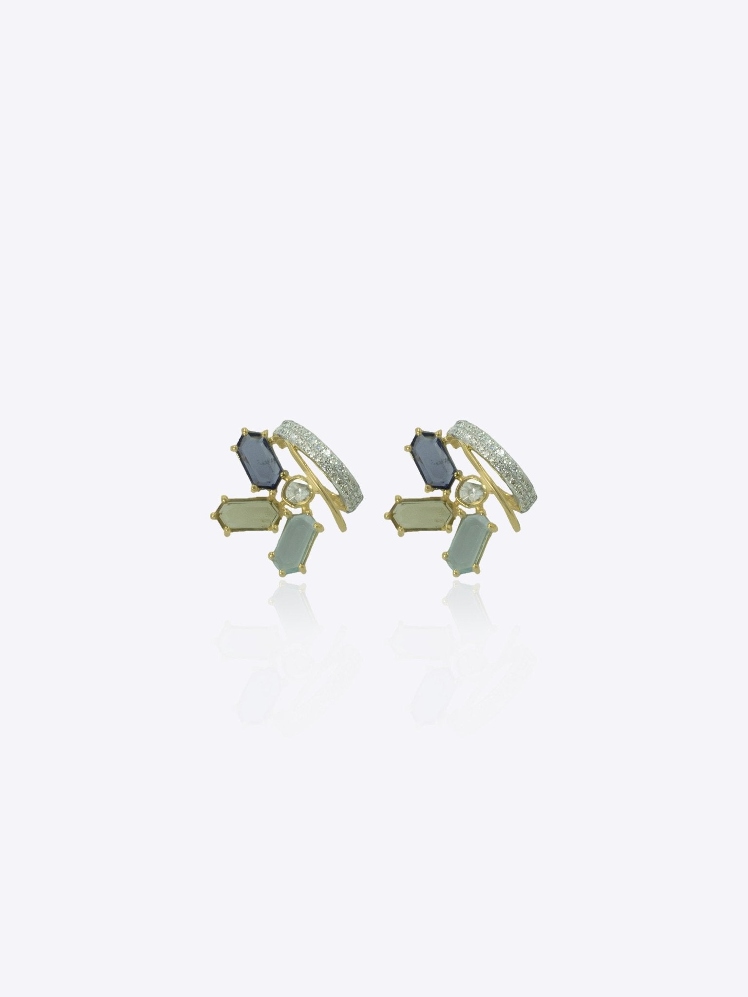 9k gold Twilight Mosaic studs with Polki cluster design and curved vertical diamond bar